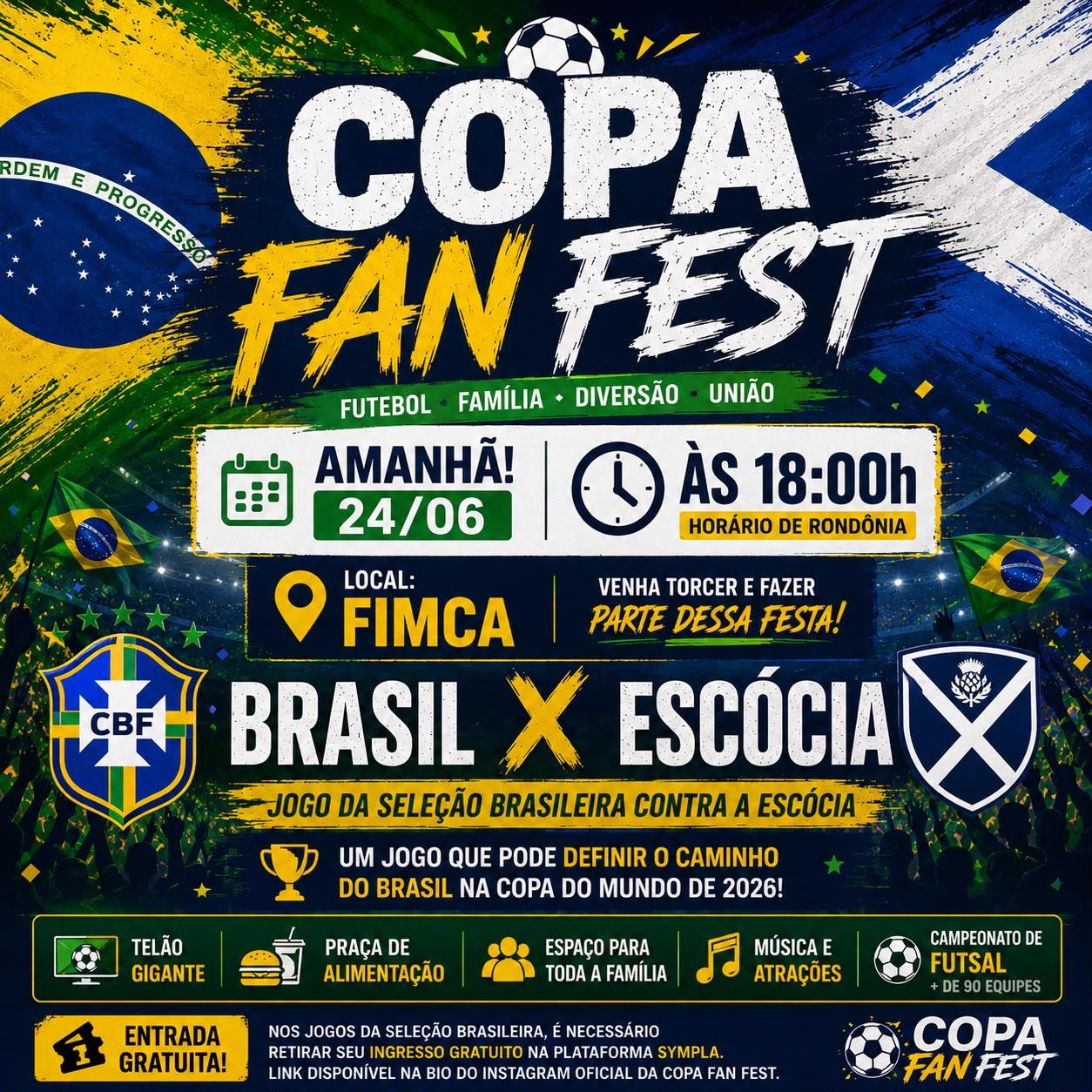 Brasil x Escócia promete lotar Copa Fan Fest nesta quarta-feira e mobiliza torcedores em Porto Velho.